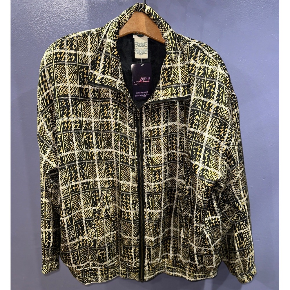 Out Brook Womens 100% Silk Zip Up Bomber Jacket Gold Black Funnel Neck Vintage L - Picture 3 of 7